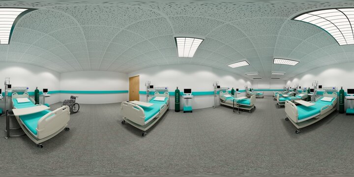 Hospital room with beds .Empty bed  and wheelchair in nursing  a clinic or hospital .3d rendering room and comfortable sofa.Modern hospital,health care concept.3D rendering  VR 360. panorama.