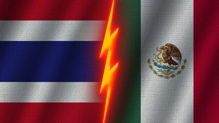 Mexico and Thailand Flags Together, Wavy Fabric Texture Effect, Neon Glow Effect, Shining Thunder Icon, Crisis Concept, 3D Illustration