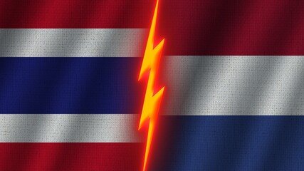 Netherlands and Thailand Flags Together, Wavy Fabric Texture Effect, Neon Glow Effect, Shining Thunder Icon, Crisis Concept, 3D Illustration