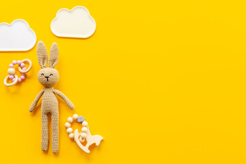 Baby wooden accessories with rabbit toy, top view