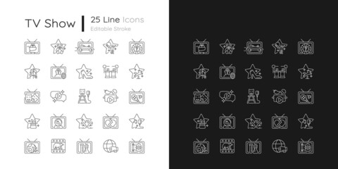 Fototapeta premium TV show linear icons set for dark and light mode. Television entertainment. Media fun series. Customizable thin line symbols. Isolated vector outline illustrations. Editable stroke