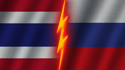 Russia and Thailand Flags Together, Wavy Fabric Texture Effect, Neon Glow Effect, Shining Thunder Icon, Crisis Concept, 3D Illustration