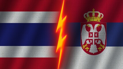 Serbia and Thailand Flags Together, Wavy Fabric Texture Effect, Neon Glow Effect, Shining Thunder Icon, Crisis Concept, 3D Illustration