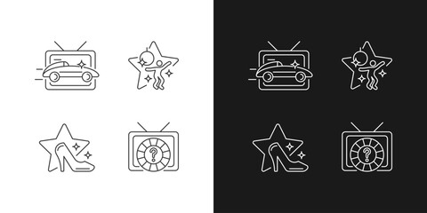 TV genres linear icons set for dark and light mode. Car racing broadcast. Dancing competition. Customizable thin line symbols. Isolated vector outline illustrations. Editable stroke
