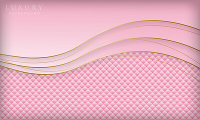 Abstract pink background with luxury sparkle golden curve and geometric pattern. Modern wave cover design.