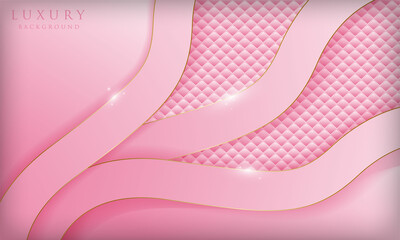 Abstract pink background with luxury sparkle golden curve and geometric pattern. Modern wave cover design.
