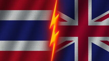 United Kingdom and Thailand Flags Together, Wavy Fabric Texture Effect, Neon Glow Effect, Shining Thunder Icon, Crisis Concept, 3D Illustration