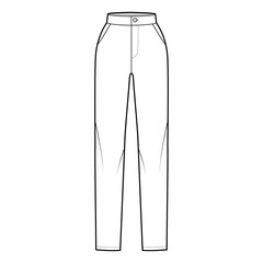 Pants slim fitted straight technical fashion illustration with normal waist, high rise, full length, slashed pockets. Flat bottom trousers apparel template front, white color. Women men unisex mockup