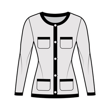 Blazer Jacket like Chanel suit technical fashion illustration with long sleeves, patch pockets, fitted body, button closure. Flat coat template front, grey color style. Women, men CAD mockup