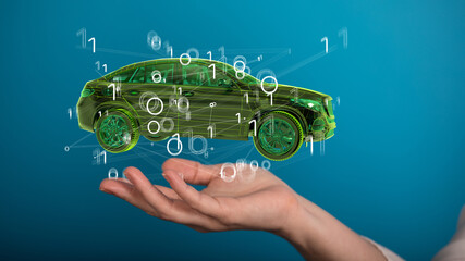 Electric car icon from lines, triangles and particle style