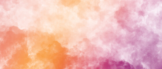 ふわふわ質感の抽象背景）夕日色のグラデーション　オレンジ　紫　雲　空　ナチュラル　温かい　バナー　幻想的