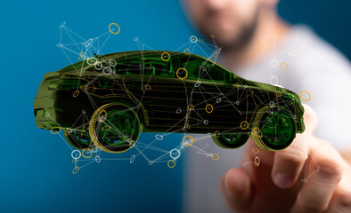 Electric car icon from lines, triangles and particle style