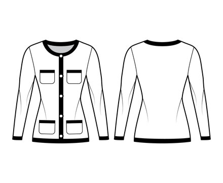 Blazer Jacket like Chanel suit technical fashion illustration with long sleeves, patch pockets, fitted body, button closure. Flat coat template front, back, white color style. Women, men CAD mockup