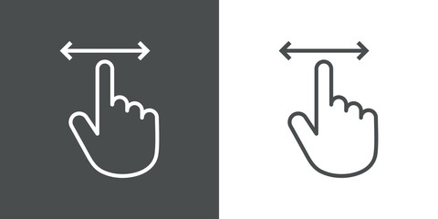 Símbolo pantalla táctil. Icono con silueta de mano con flecha con lineas en fondo gris y fondo blanco © teracreonte