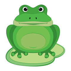 Green frog on white background, cartoon character, flat design, vector illustration.