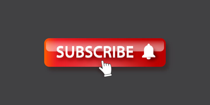 Red subscribe button with ring bell isolated on stylish grey background. Subscribe banner design template with glossy red glass Subscribe video or channel button and hand