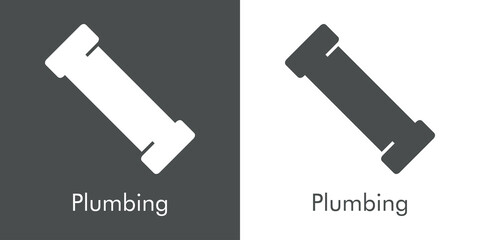 Icono plano con texto Plumbing y silueta de tubería recta en fondo gris y fondo blanco