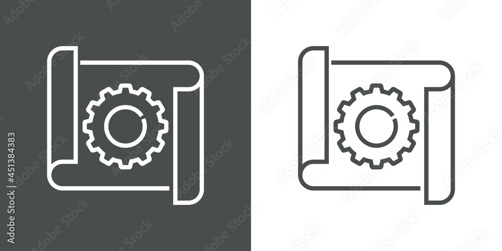 Sticker Diseño industrial. Icono silueta de plano de papel con engranaje con lineas en fondo gris y fondo blanco