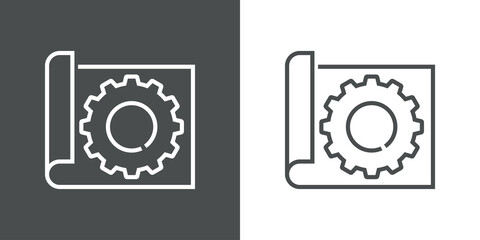 Diseño industrial. Icono silueta de plano de papel con engranaje con lineas en fondo gris y fondo blanco