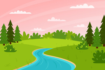 Obraz premium Horizontal spring summer landscape. Sunset, pink sky. A forest with trees, bushes, and a stream or river. Clear weather. Color vector illustration. Nature background with empty space for text