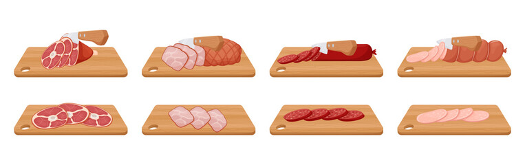 Slicing pork knuckle, boiled and smoked sausage, boiled pork. A knife cuts meat on a wooden cutting board.Sliced pieces of meat and sausage. Flat cartoon style. Vector illustration isolated on white .