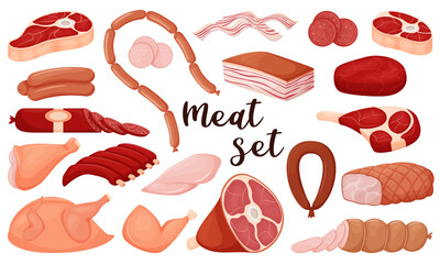 A set of raw meat food. Meat, chicken, lard, sausages. A collection of decorative elements in a flat cartoon style. Vector illustration isolated on a white background.