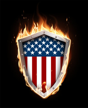 Shield with the image of the American flag on a background of fire. A special transparent smoke effect. Highly realistic illustration.