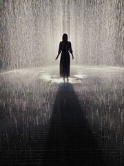 silhouette of a person young woman in the rain 