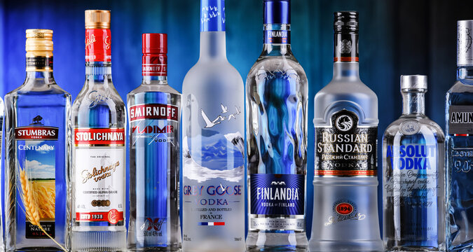 Bottles of assorted global vodka brands