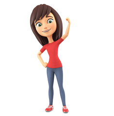 Cartoon character cheerful girl in a red T-shirt and jeans on a white background. 3d render illustration.