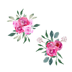 Watercolor illustration. Bouquet of pink roses and green leaves and branches. Image for design, printing, etc.