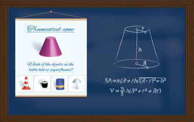 Truncated cone. Geometric figure and formulas for calculating its surface area and volume drawn in chalk on chalkboard