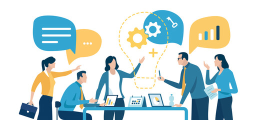 The team is working on a new project. Light bulb as a symbol of new idea and project. Vector illustration.