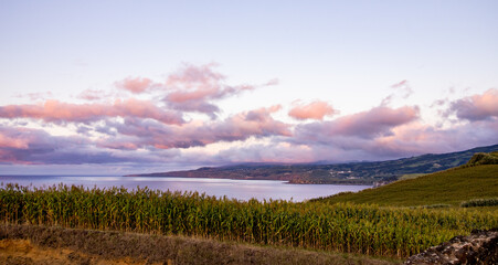 View over coast, Atlantic ocean, Azores travel destination, nature.