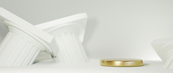 3D rendering of golden podium and greek pillar background. Mockup for show product.