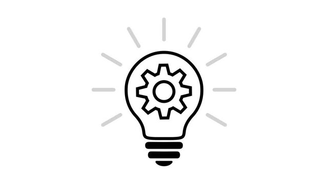 Lamp bulb with gear rotating inside, turns on and off, black and white simple outline flat icon. Animated idea, innovation sign. Gloving lamp symbol on transparent background. alpha channel.