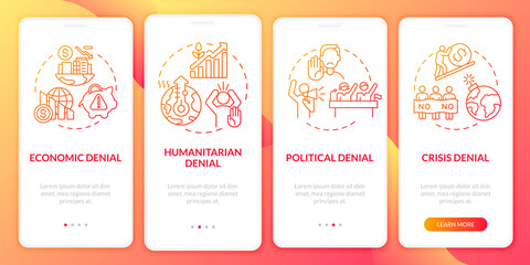 Naklejka premium Humanitarian neglection orange onboarding mobile app page screen. Crisis denial walkthrough 3 steps graphic instructions with concepts. UI, UX, GUI vector template with linear color illustrations