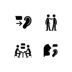 Verbal and nonverbal communication black glyph icons set on white space. Message receiver. Personal touch. Exchanging ideas. Active listening. Silhouette symbols. Vector isolated illustration