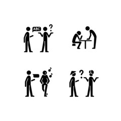 Communicating information effectively black glyph icons set on white space. Language, cultural barriers. Wordless signals. Inattentive listening. Silhouette symbols. Vector isolated illustration