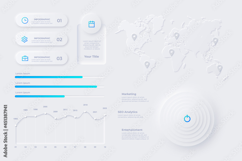 Poster Unique neumorphic ui ux design kit. User interface element. Infographic elements, map and charts
