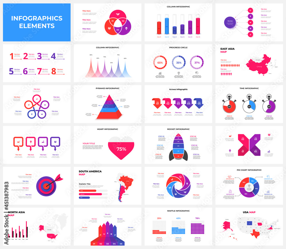 Poster Set of infographic presentation slides. Target, rocket, pyramid, maps, arrows, flowchart and circle diagrams. Vector illustration for business data visualization