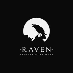 Blackbird Raven Crow Silhouette with Moon Lunar logo design vector