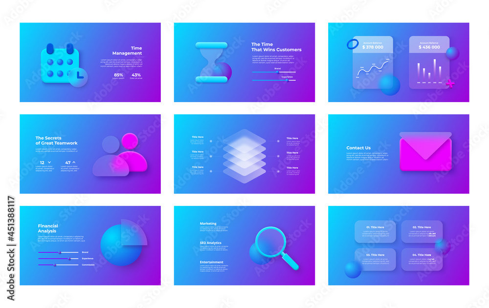 Poster glassmorphism infographics set. 3d geometric shapes with frosted glass effect. illustration on blurr