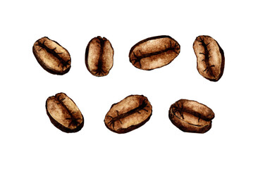 Watercolor painting roasted coffee beans isolated on white background. Dark brown coffee beans clipart for product design. Cappuccino is an ingredient in morning coffee. Cafe design element.