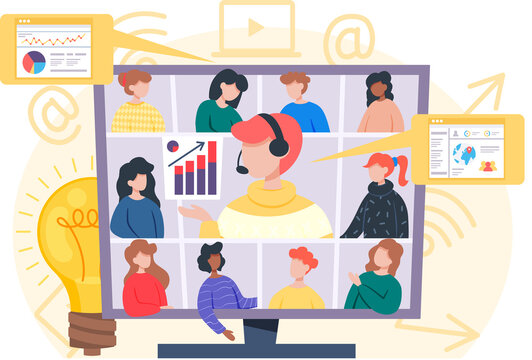 Video conferencing on large computer screen, teamwork, many people conference at same time remotely. Girl communicates with colleagues via video. Online meeting, business meetup, digital classroom