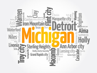 List of cities in Michigan USA state, word cloud concept background