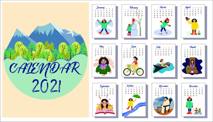 Flat style calendar for 2022. Children's, funny, cartoon images of a little girl in vector.