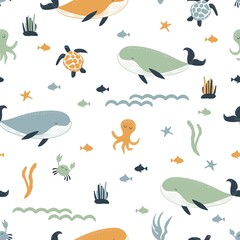 Seamless pattern with whales, octopuses, sea turtles, fishes in boho style. Pastel shades. Underwater world background. © An Chubenko