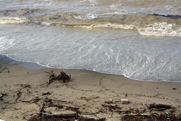 The Black Sea after the storm. Dirty water. Bad weather.