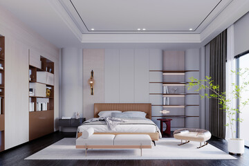 Fototapeta na wymiar 3d rendering,3d illustration, Interior Scene and Mockup, Modern luxury style bedroom covering white and beige tones, walls decorated with built-in floors.